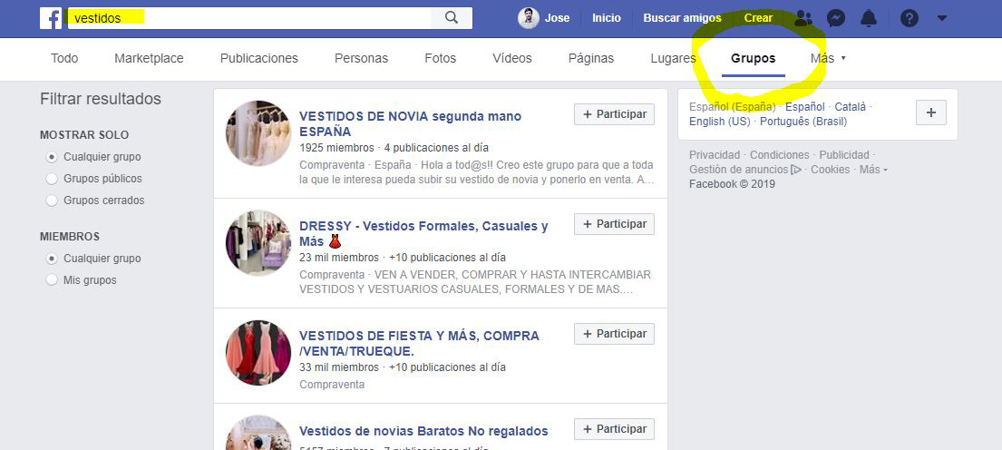 En este caso deberás buscar grupos relacionados con tu producto en el buscador de Facebook